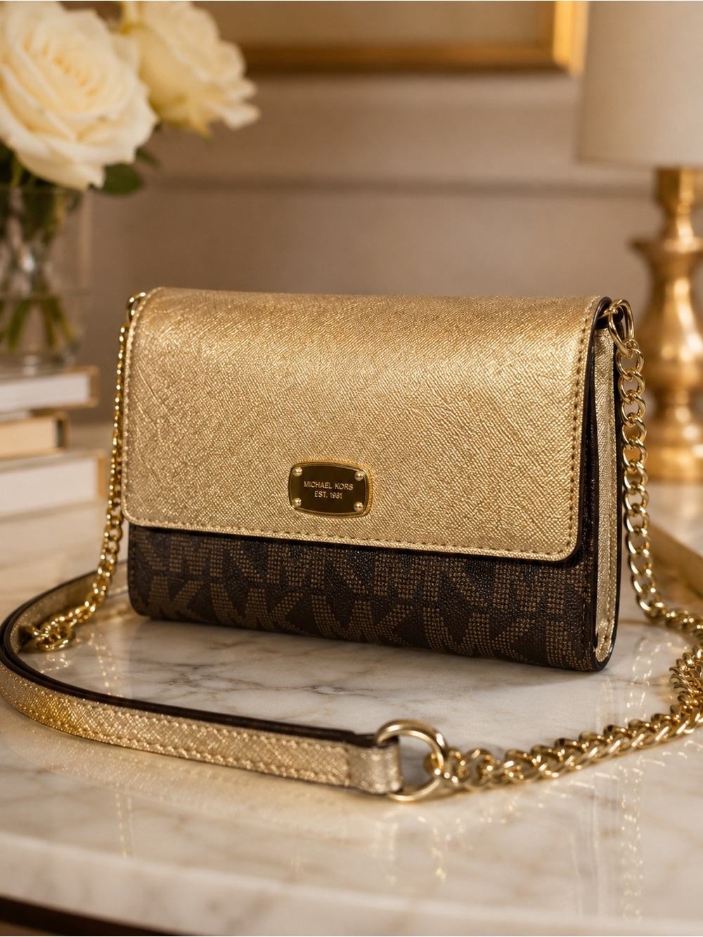 Michael Kors Jet Set Item Large Phone Crossbody Wallet Clutch Gold Brown MK Logo